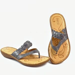 Born Thong Sandals Womens 7 Grey Leather Low Heel Comfy Shoes Braided Woven